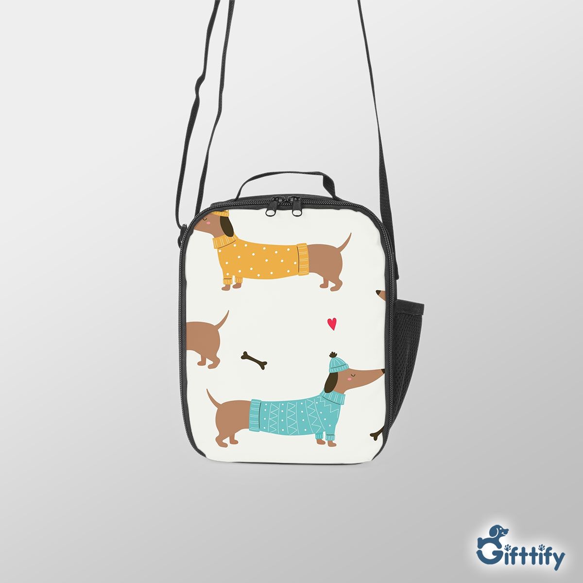 Lovely Dachshund Christmas With Bone And Heart Lunch Box Bag