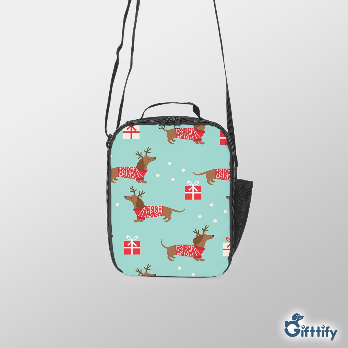 Lovely Dachshund Christmas With Santa Gift And Snow Lunch Box Bag