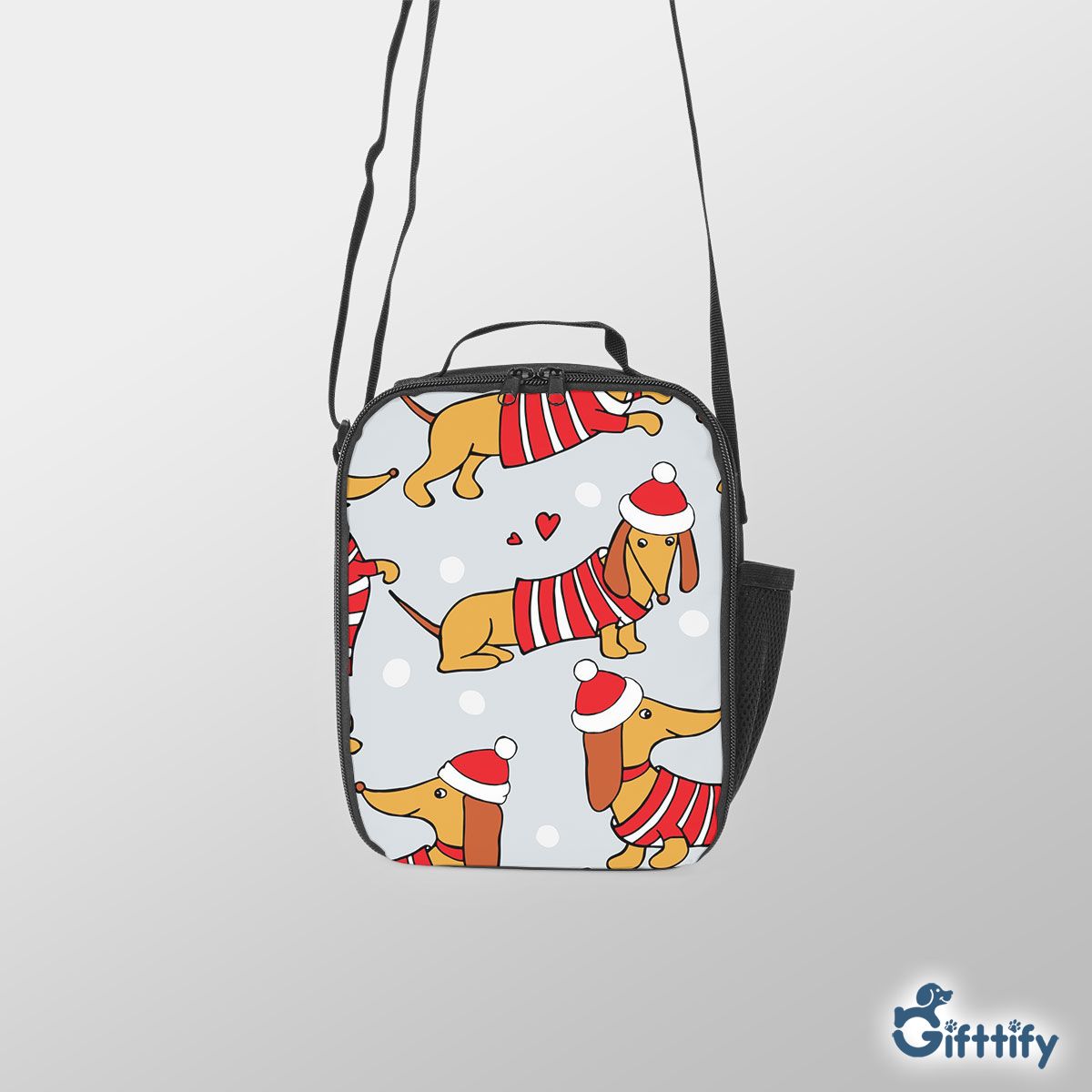 Lovely Dachshund Christmas With Santa Hat And Snow Lunch Box Bag