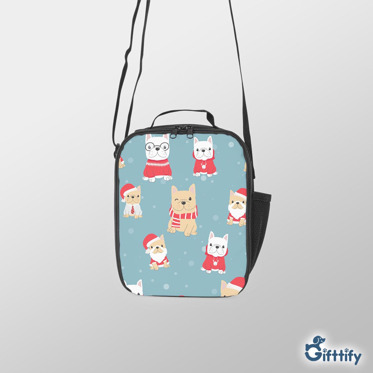 Lovely Pug Christmas With Santa Hat And Snow Lunch Box Bag