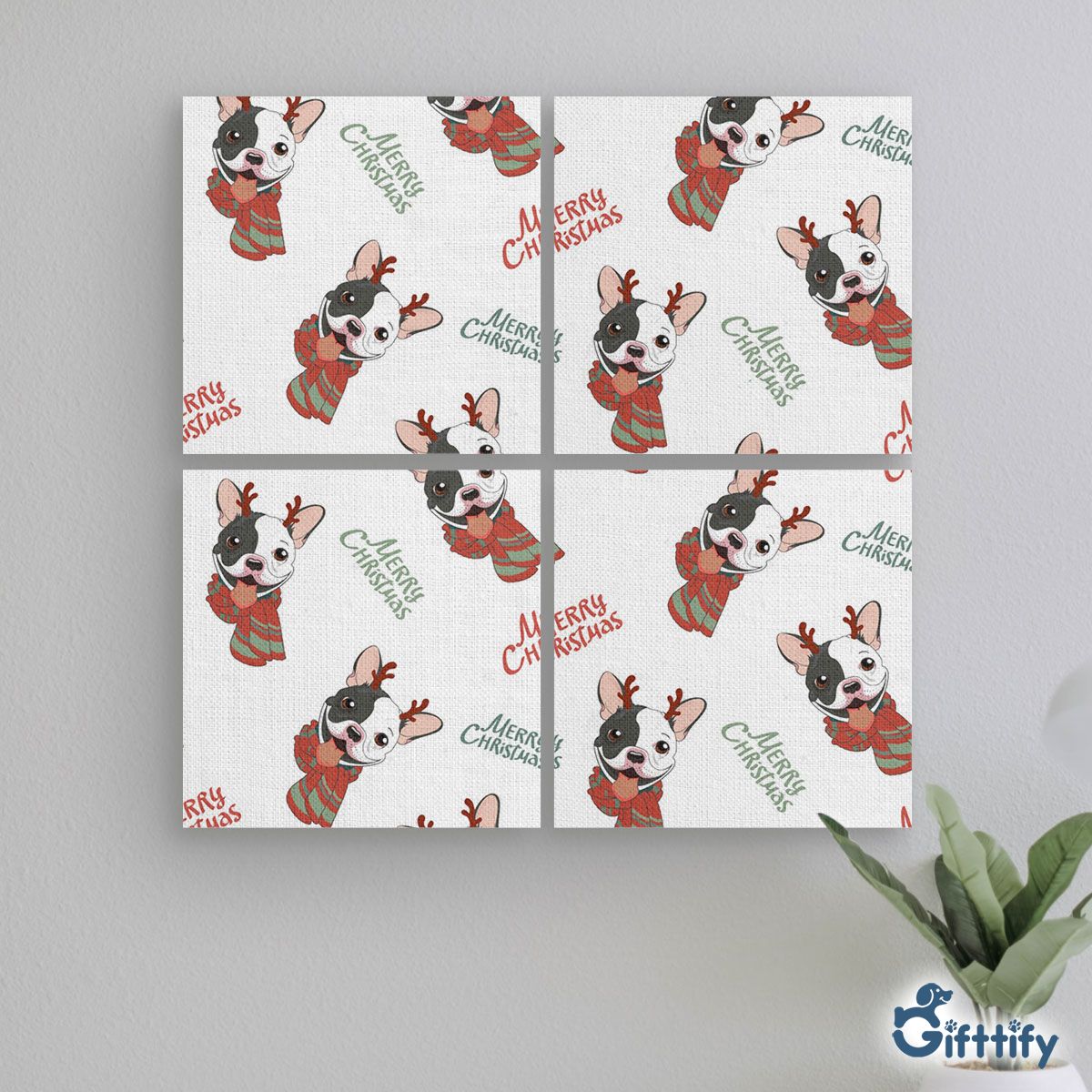 Cute Bull Dog Christmas With Santa Clothing Mural With Frame