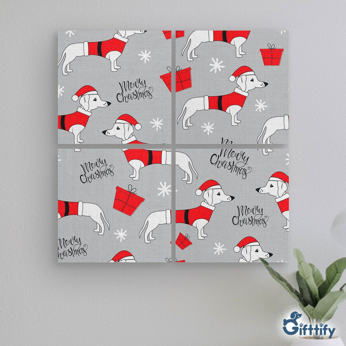 Cute Dachshund Christmas In Santa Clothing And Santa Gift Mural With Frame