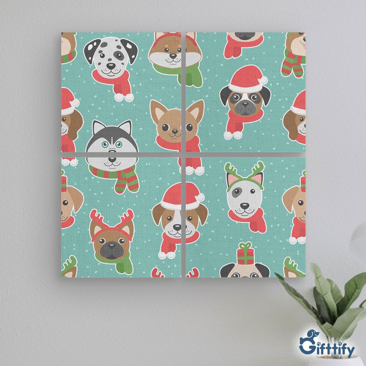 Cute Dog Christmas In Santa Clothing And Snow Mural With Frame