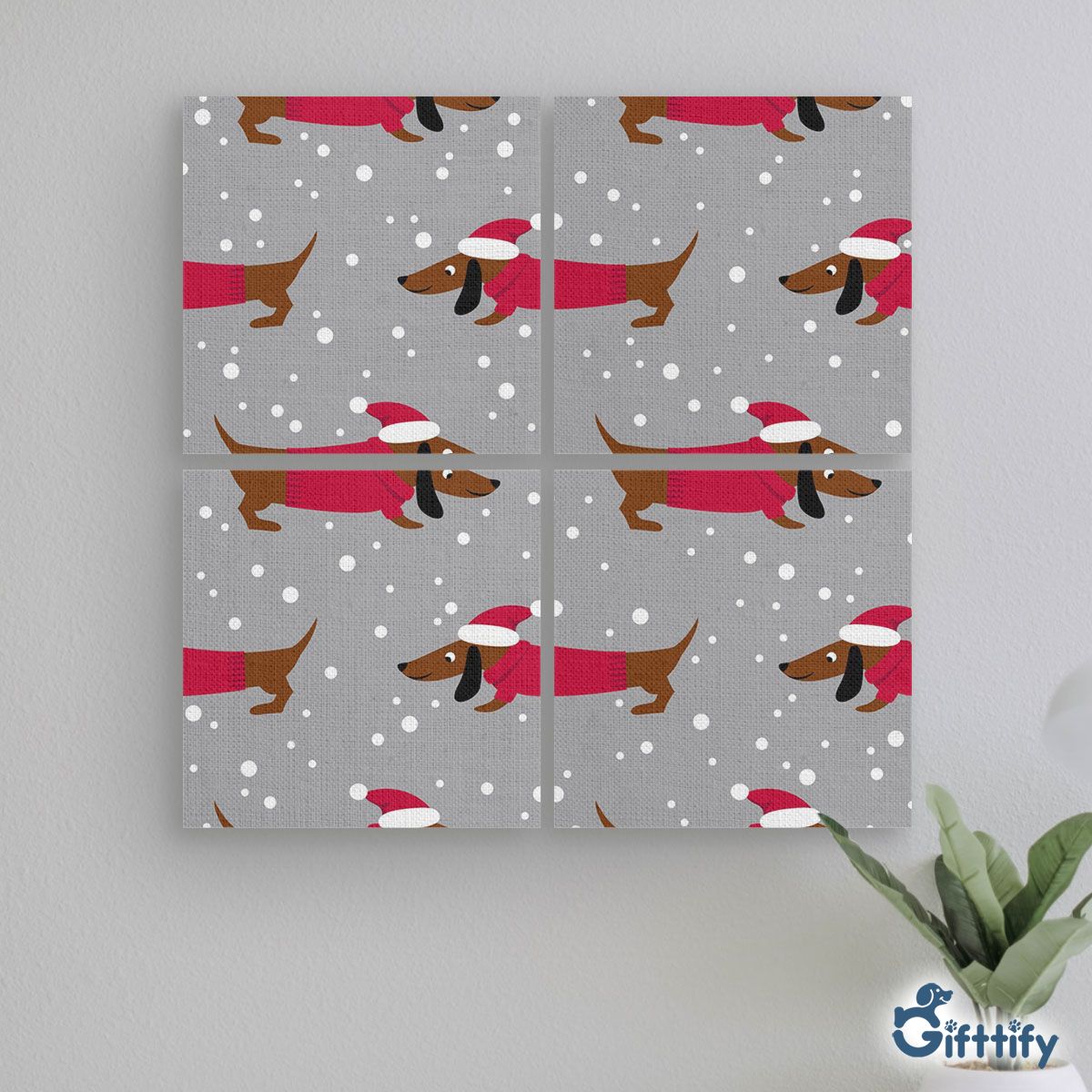 Dachshund Christmas In Santa Clothing With Snow Mural With Frame