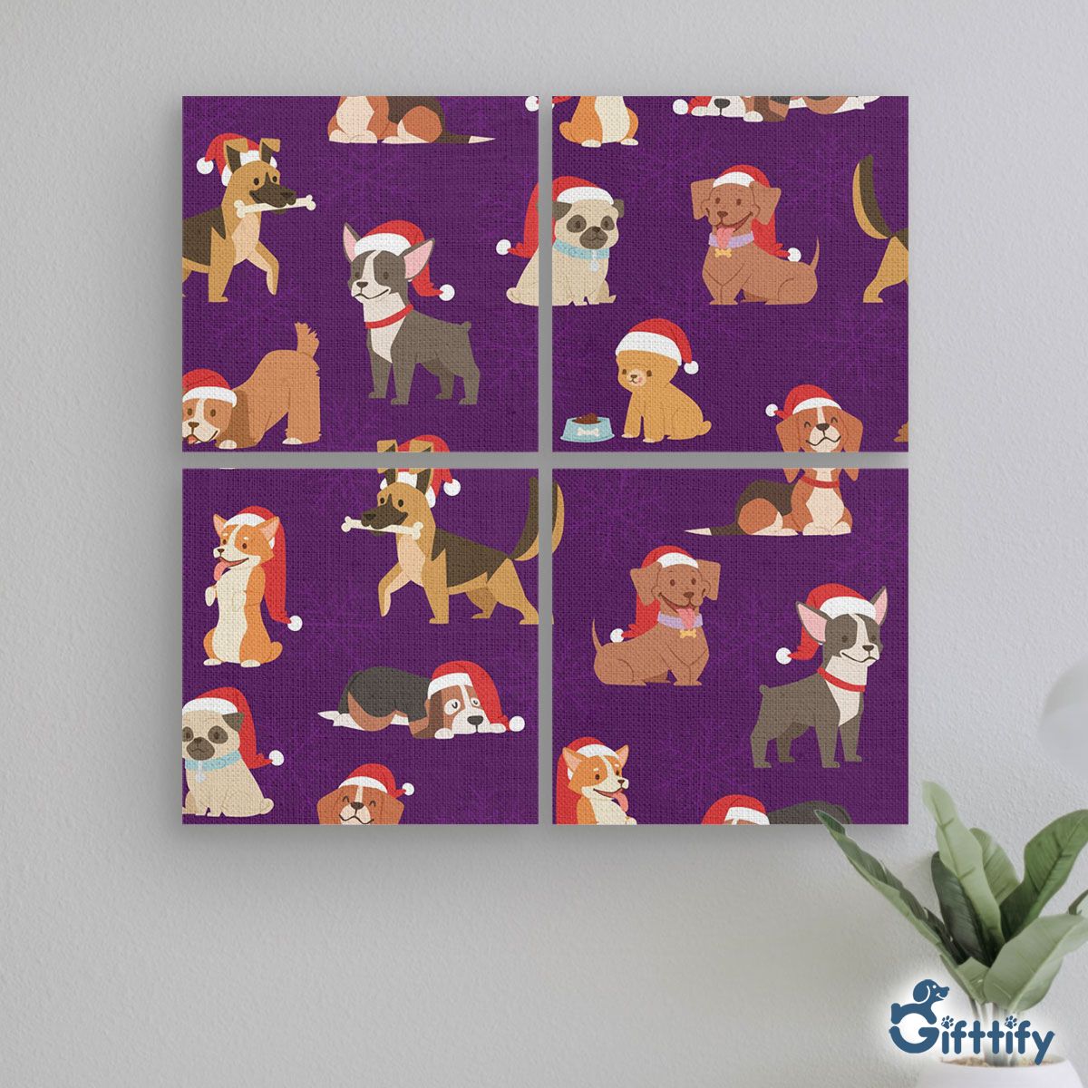 Funny Dogs Christmas With Santa Hat And Snow Mural With Frame