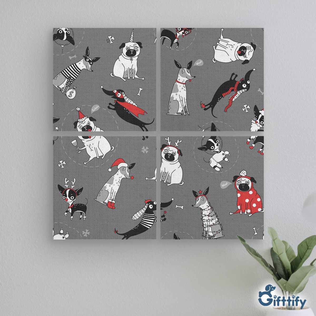 Funny Dogs With Christmas Clothing And Snow Mural With Frame