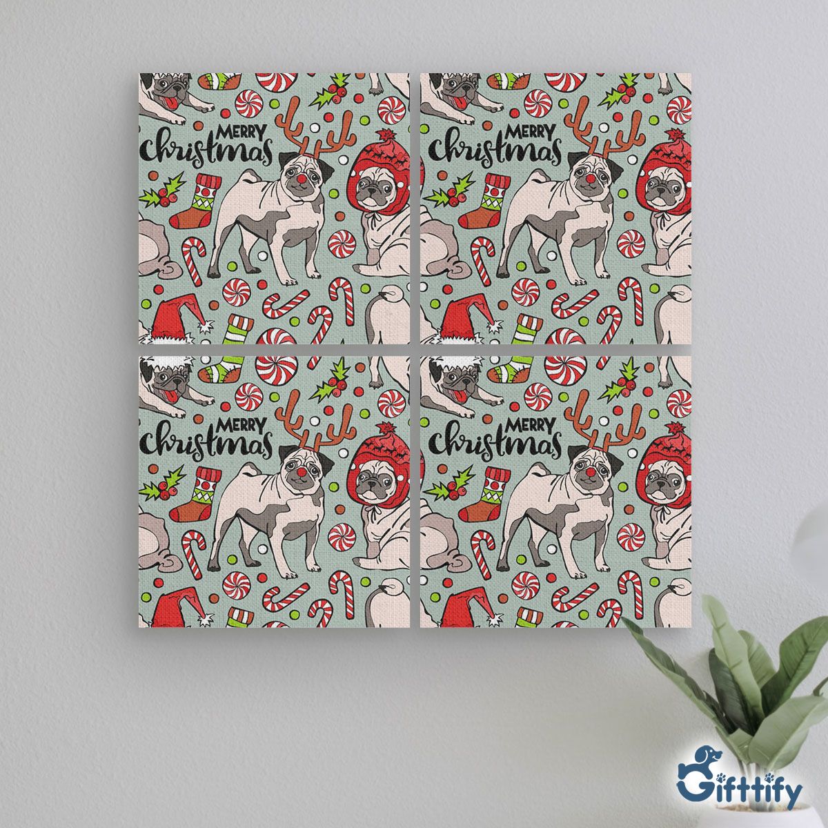 Funny Pug Chirtsmas With Candy Cane And Pine Tree Mural With Frame