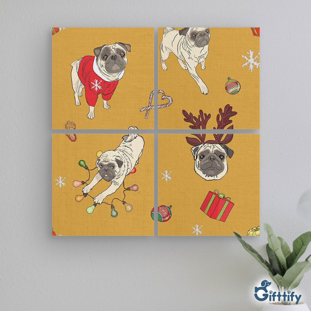 Funny Pug Christmas With Candy Cane And Santa Gift Mural With Frame