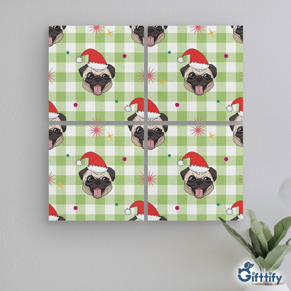 Funny Pug Christmas With Santa Hat And Tartan Background Mural With Frame