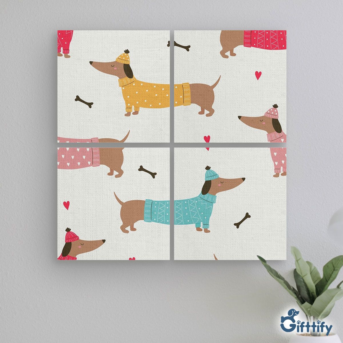 Lovely Dachshund Christmas With Bone And Heart Mural With Frame