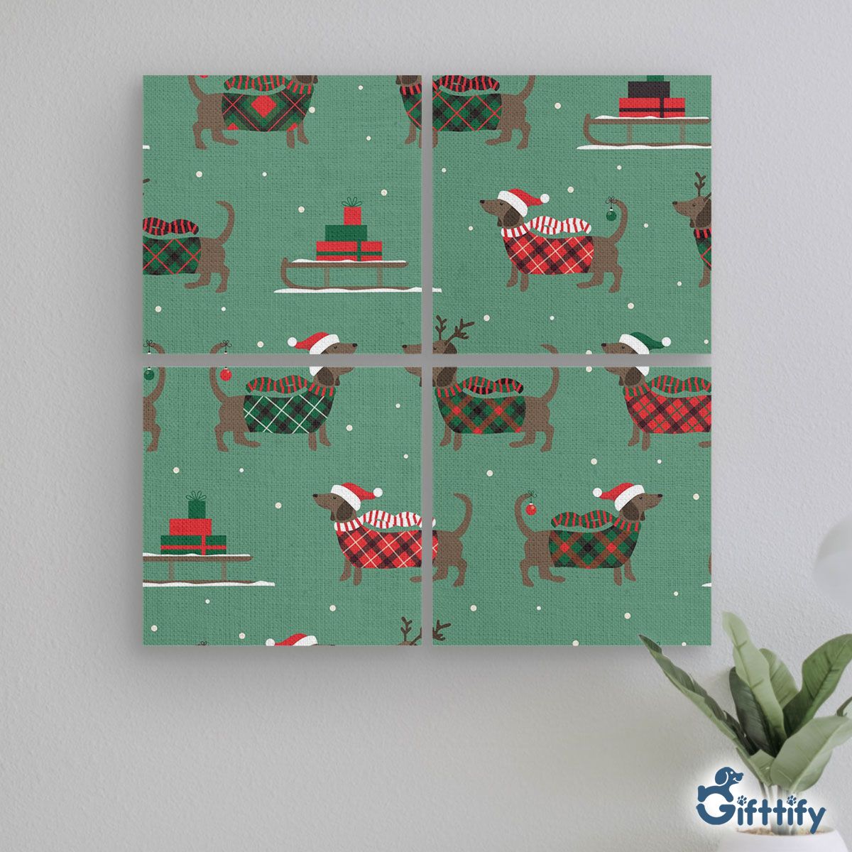 Lovely Dachshund Christmas With Santa Hat And Gifts Mural With Frame