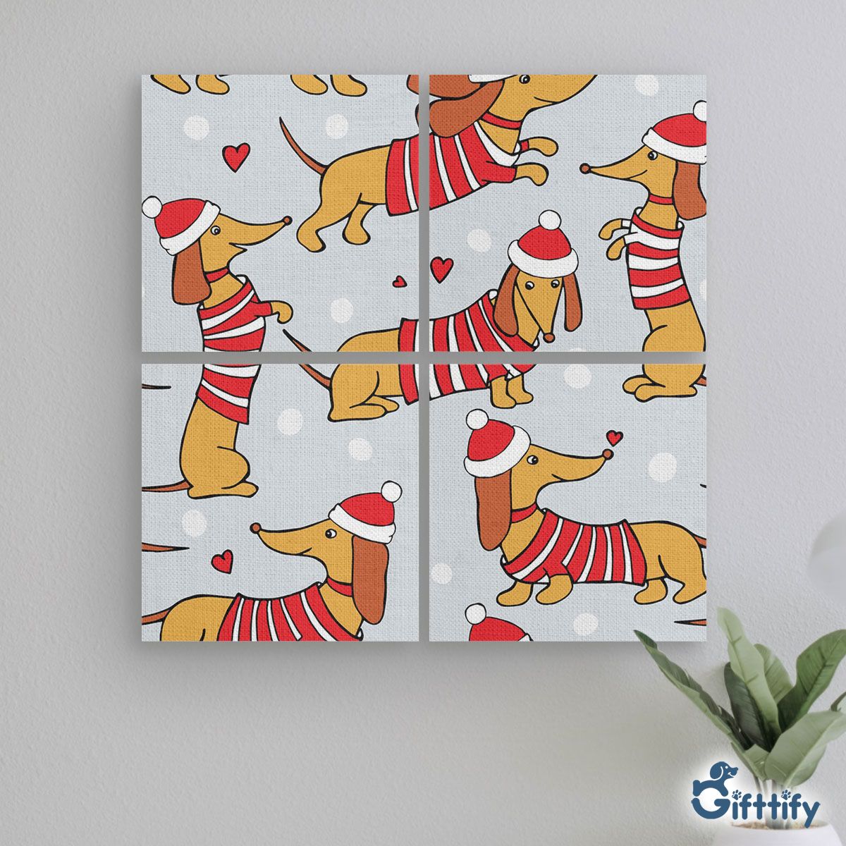 Lovely Dachshund Christmas With Santa Hat And Snow Mural With Frame