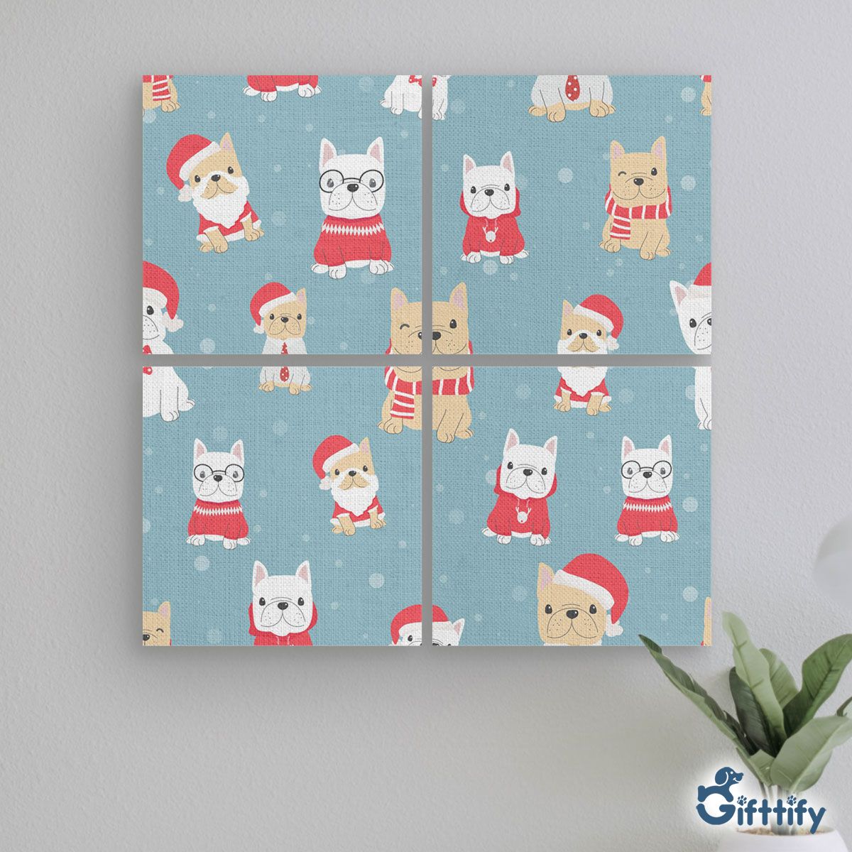 Lovely Pug Christmas With Santa Hat And Snow Mural With Frame