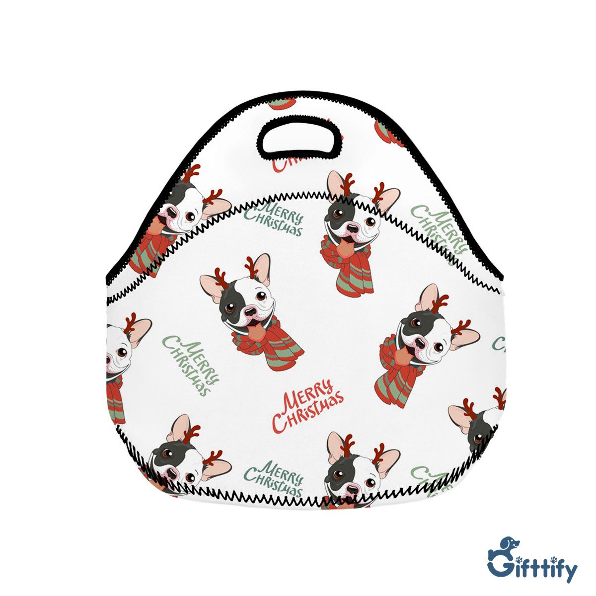 Cute Bull Dog Christmas With Santa Clothing Neoprene Lunch Bags