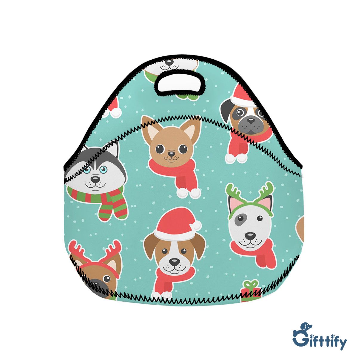 Cute Dog Christmas In Santa Clothing And Snow Neoprene Lunch Bags