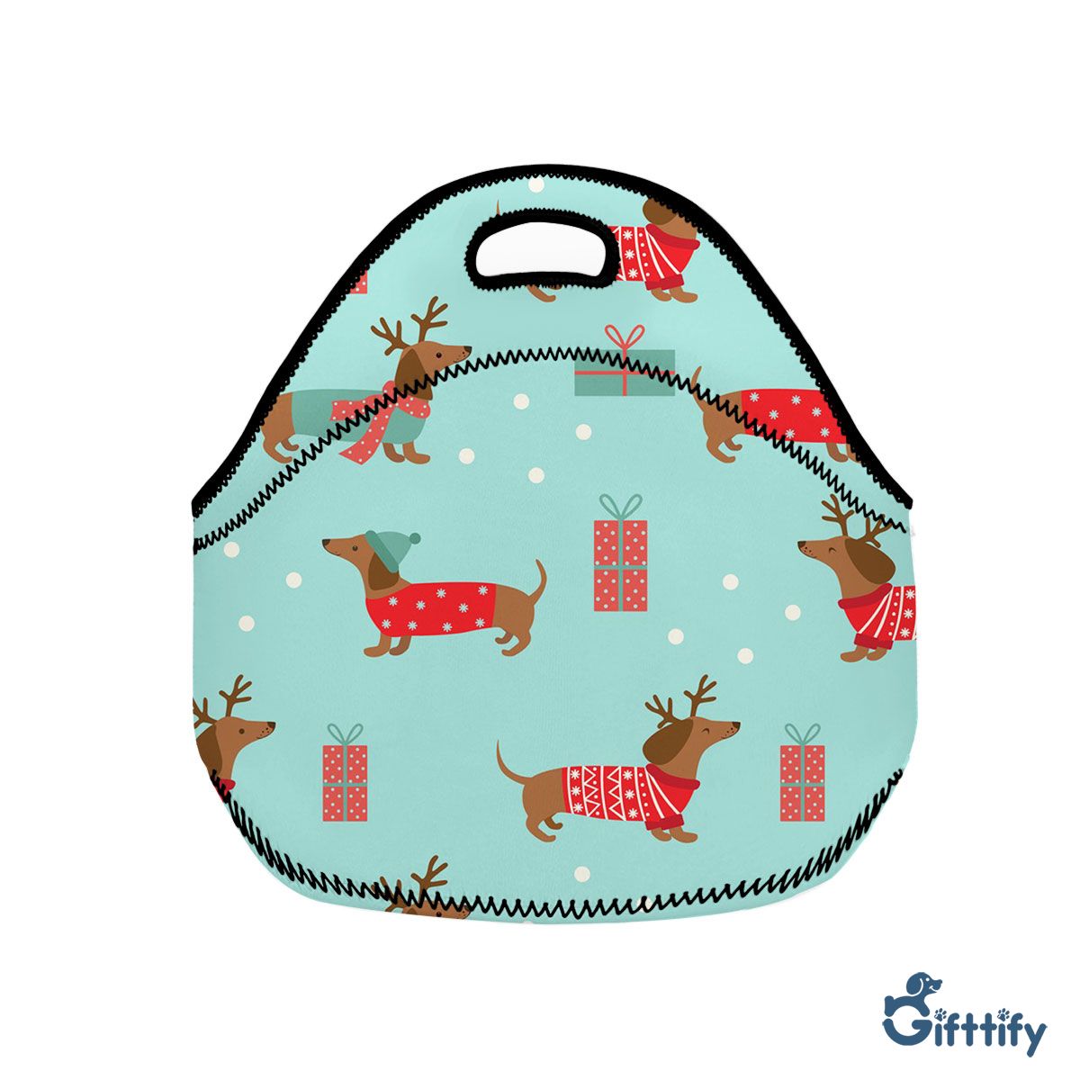 Funny Dachshund With Christmas Clothing And Santa Gifts Neoprene Lunch Bags