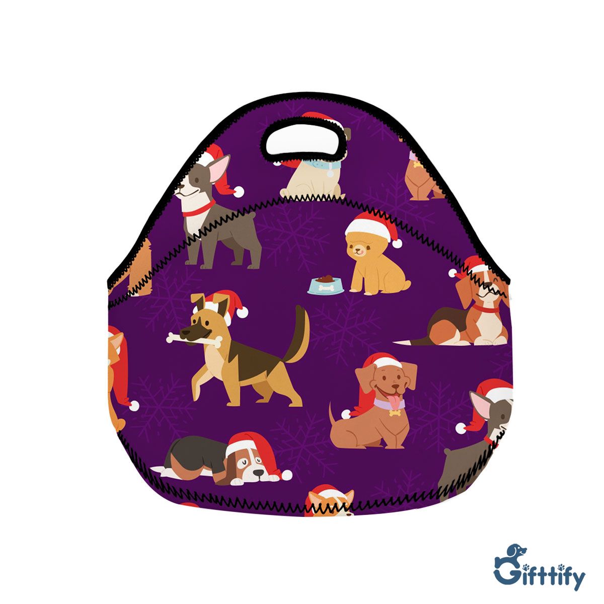 Funny Dogs Christmas With Santa Hat And Snow Neoprene Lunch Bags