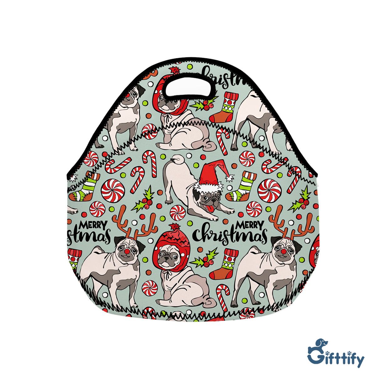 Funny Pug Chirtsmas With Candy Cane And Pine Tree Neoprene Lunch Bags