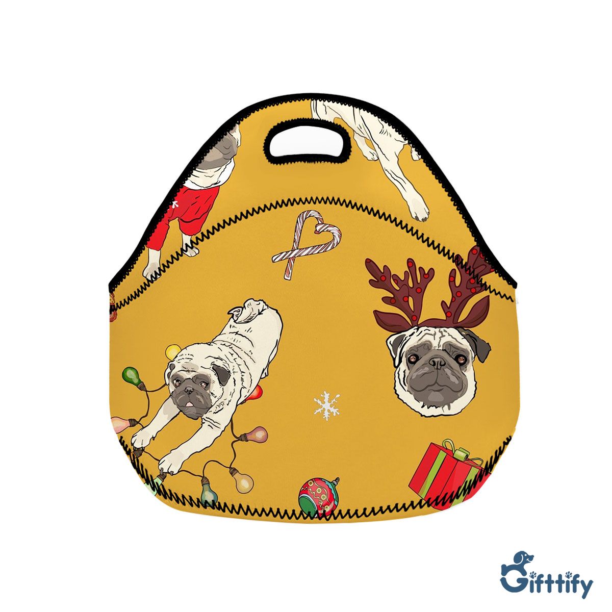 Funny Pug Christmas With Candy Cane And Santa Gift Neoprene Lunch Bags