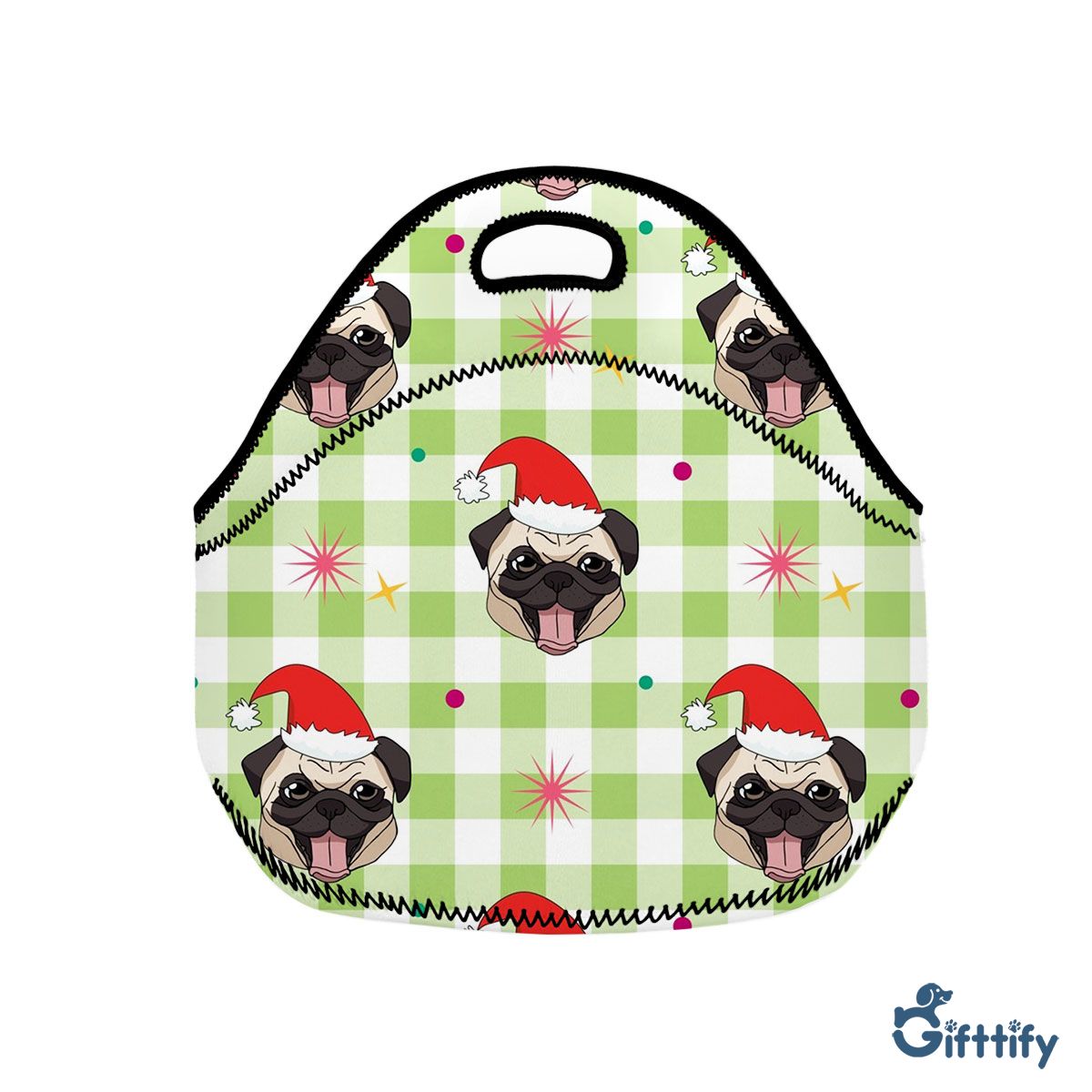 Funny Pug Christmas With Santa Hat And Tartan Background Neoprene Lunch Bags