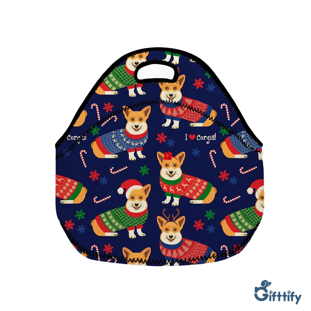 Lovely Corgi Christmas With Santa Hat And Candy Cane Neoprene Lunch Bags