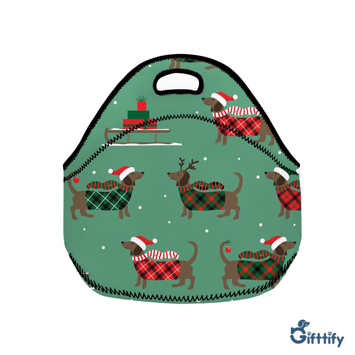 Lovely Dachshund Christmas With Santa Hat And Gifts Neoprene Lunch Bags