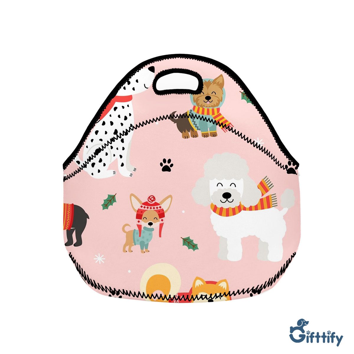 Lovely Dogs Christmas With Dog Paw And Snow Neoprene Lunch Bags