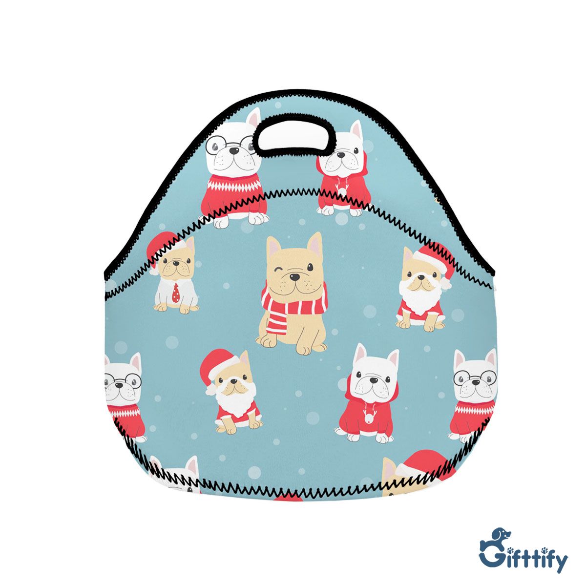 Lovely Pug Christmas With Santa Hat And Snow Neoprene Lunch Bags