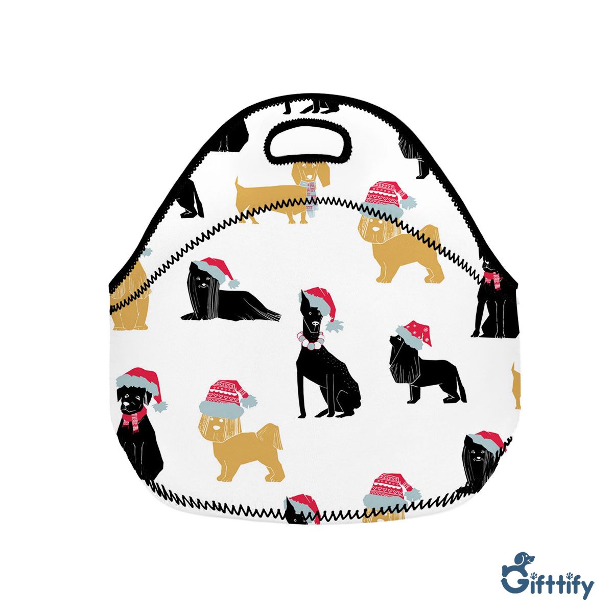 Yellow And Back Dogs Christmas With Santa Hat Neoprene Lunch Bags