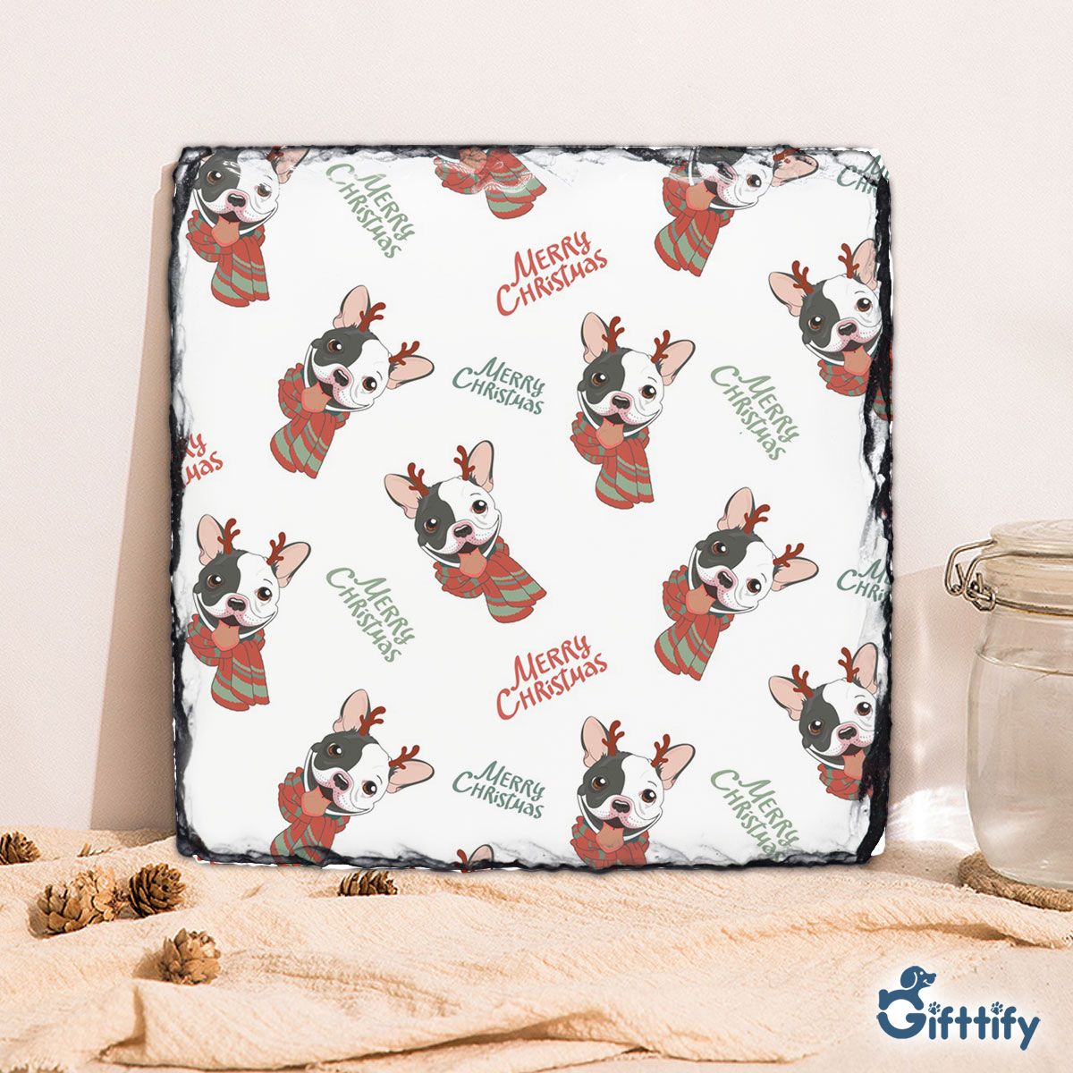 Cute Bull Dog Christmas With Santa Clothing Square Lithograph