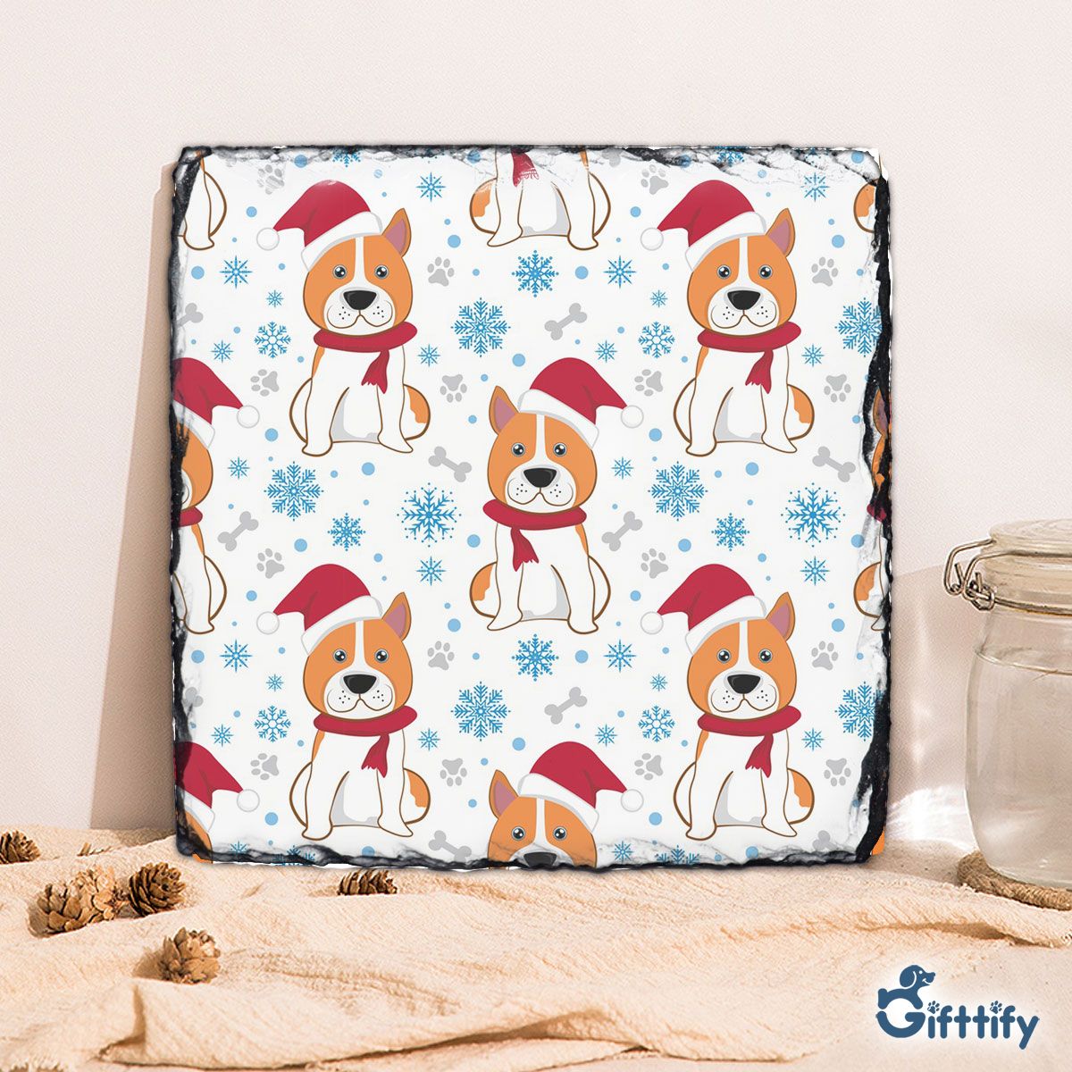 Cute Corgi Christmas In Santa Clothing And Snow Square Lithograph