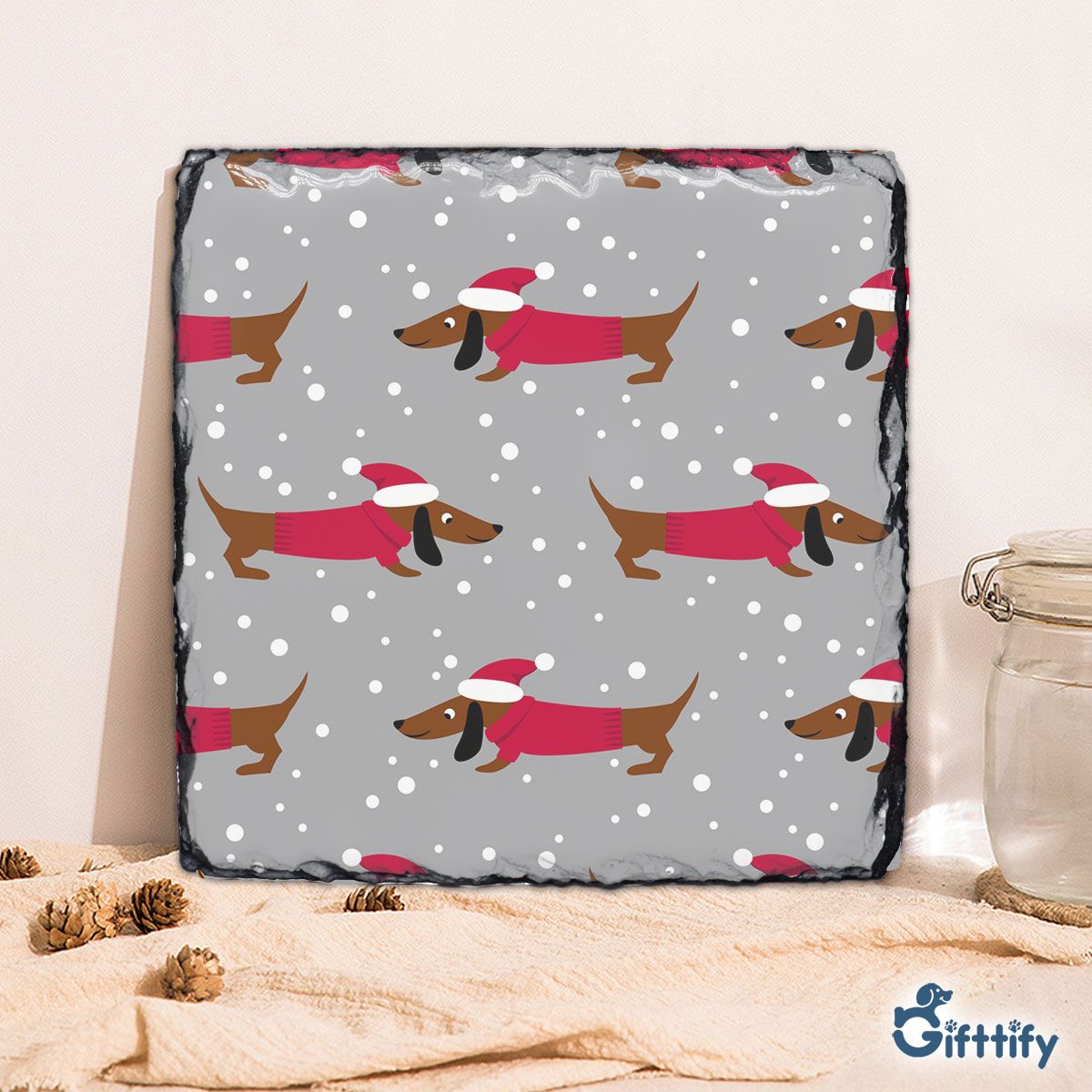 Dachshund Christmas In Santa Clothing With Snow Square Lithograph