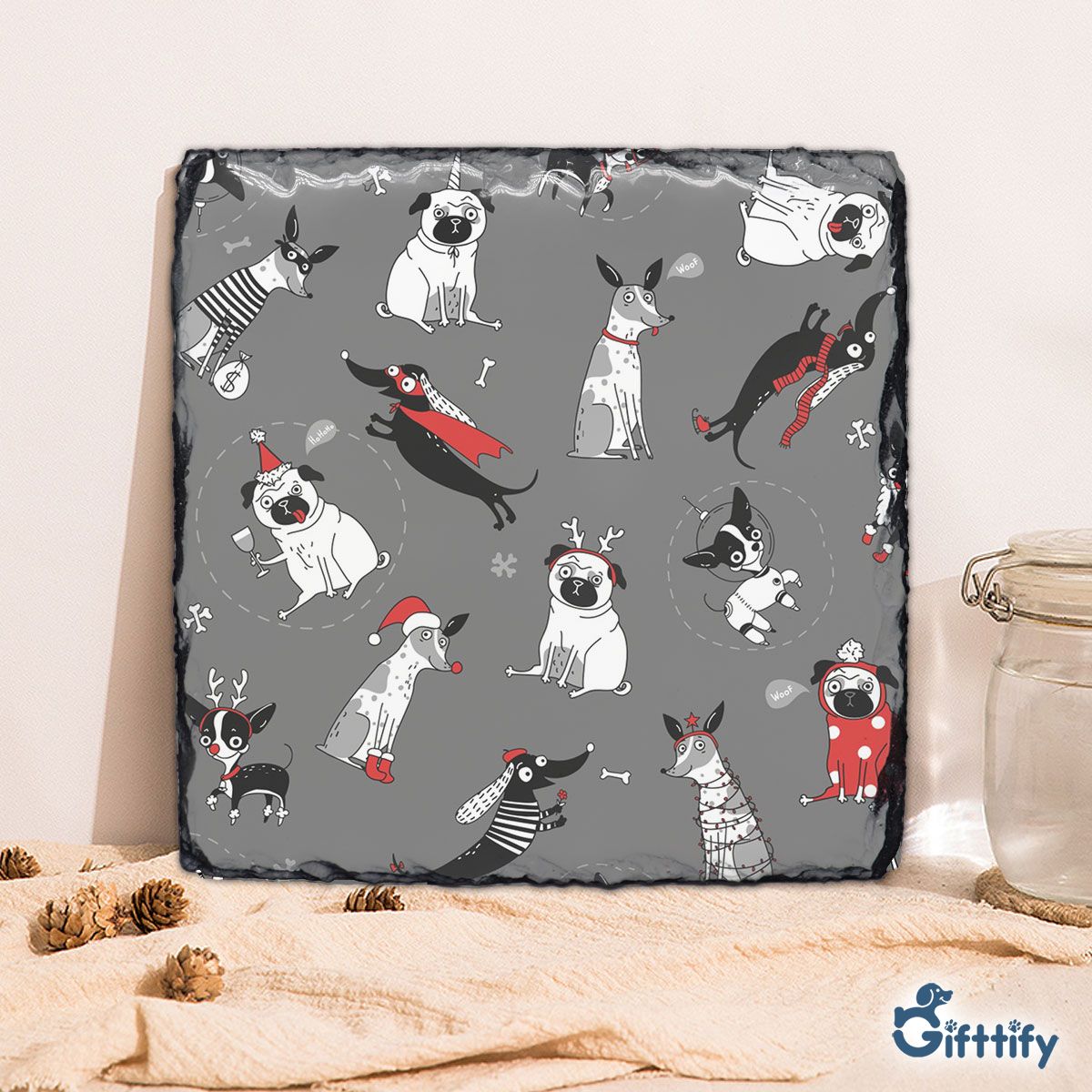 Funny Dogs With Christmas Clothing And Snow Square Lithograph