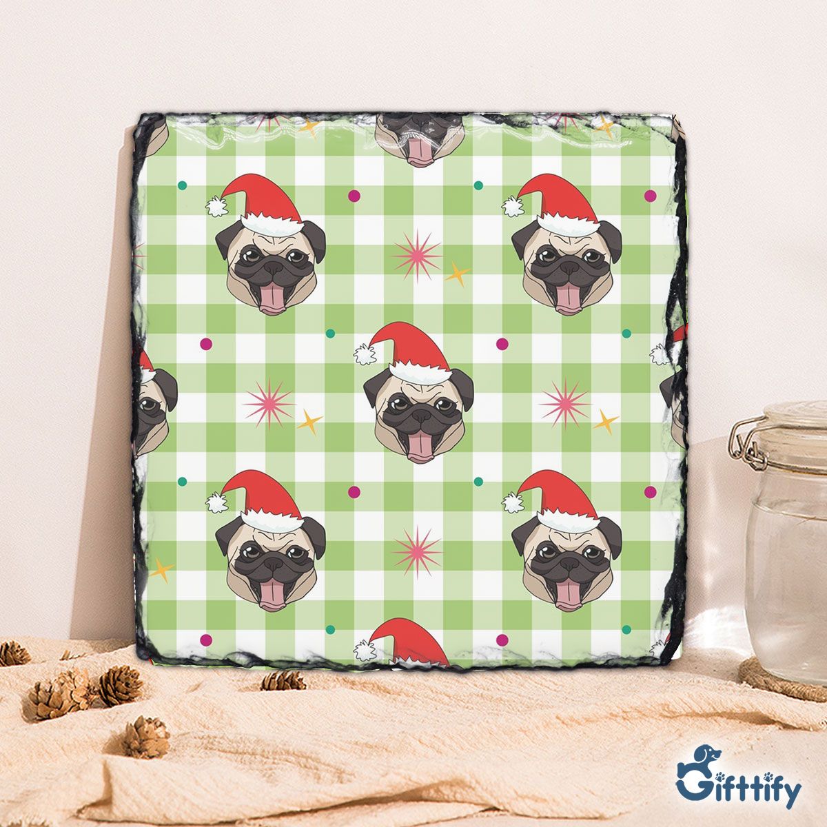 Funny Pug Christmas With Santa Hat And Tartan Background Square Lithograph