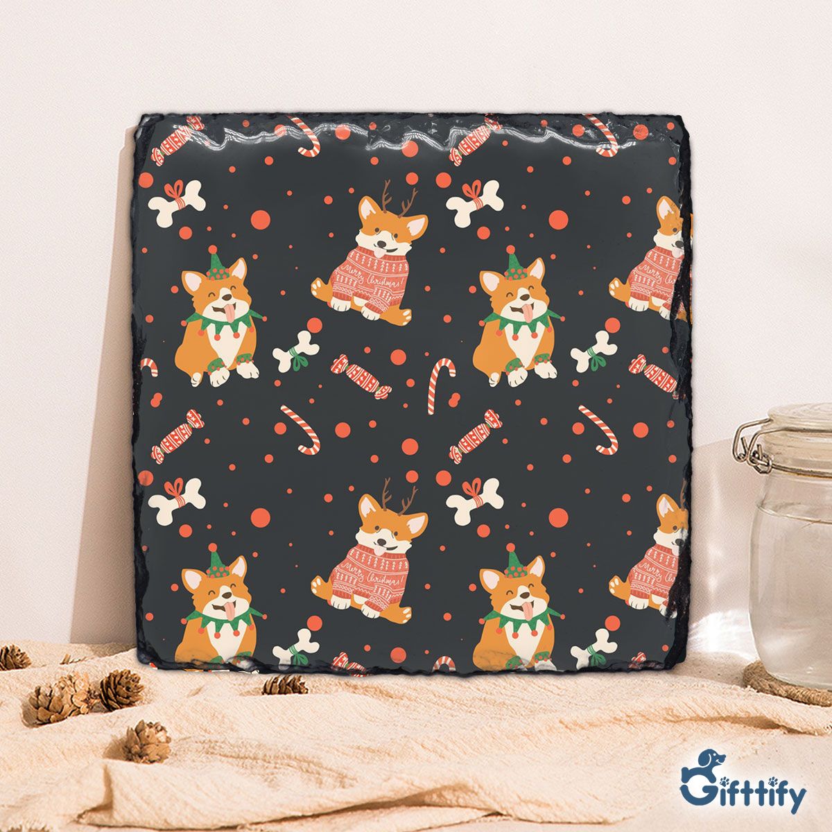 Lovely Corgi Christmas With Candy Cane And Bone Square Lithograph