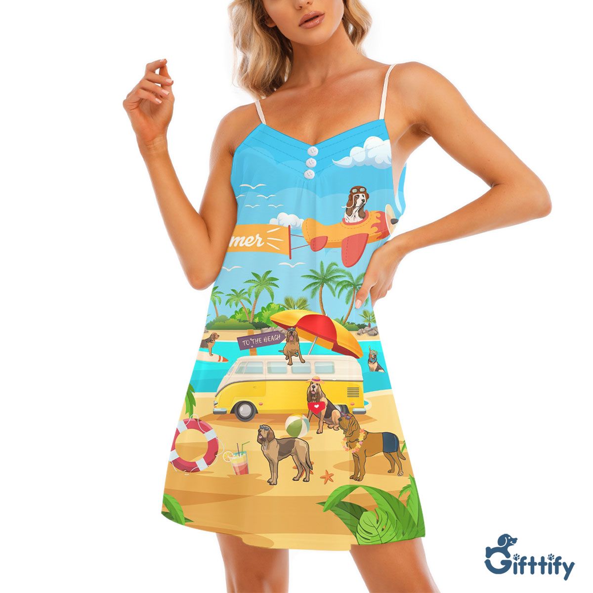 Bloodhound V-Neck Sleeveless Cami Dress - Dog Beach, Surfing, Sunbathing, Snorkeling, Dog Pilot, Summer Beach Vacation V-Neck Sleeveless Cami Dress