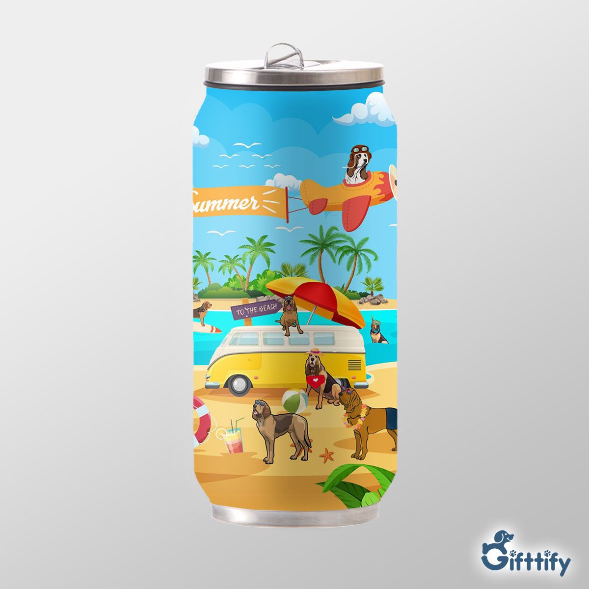 Bloodhound Can Thermos Cup - Dog Beach, Surfing, Sunbathing, Snorkeling, Dog Pilot, Summer Beach Vacation Can Thermos Cup