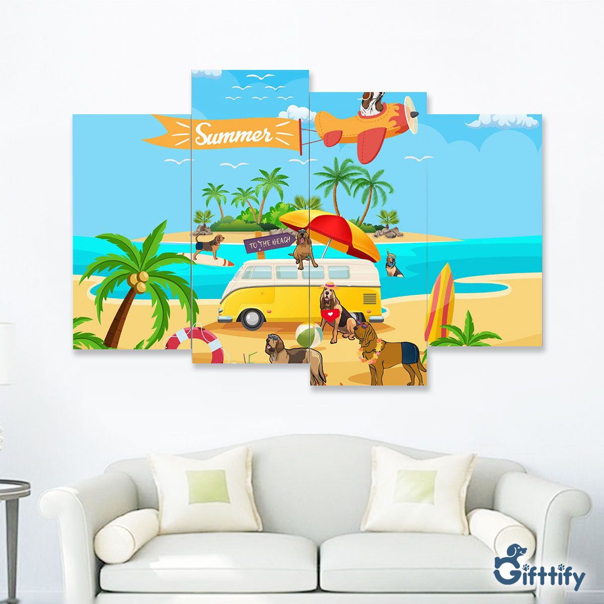 Bloodhound Four-Piece Framed Mural - Dog Beach, Surfing, Sunbathing, Snorkeling, Dog Pilot, Summer Beach Vacation Four-Piece Framed Mural