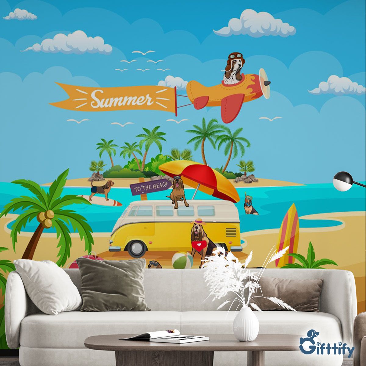 Bloodhound Wall Mural - Dog Beach, Surfing, Sunbathing, Snorkeling, Dog Pilot, Summer Beach Vacation Wall Mural