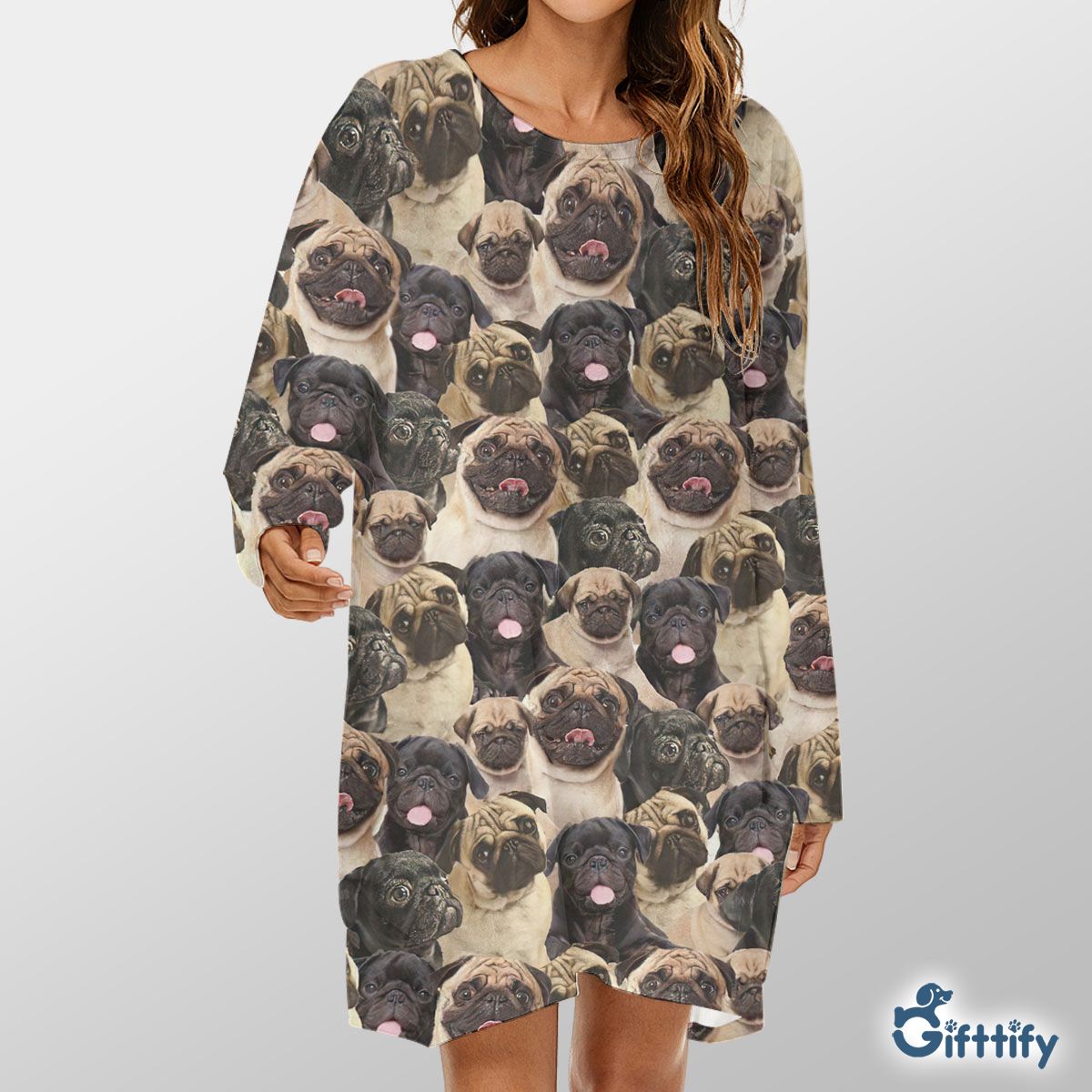 Pug A Punch Of Lovely Dogs Loose Crew Neck Dress