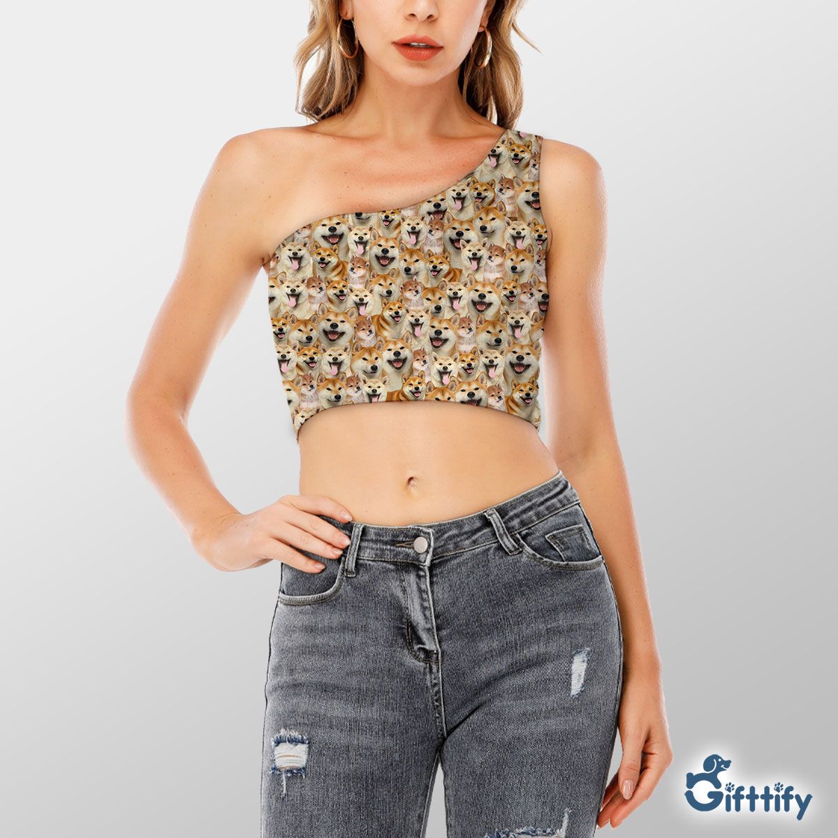 Blank Shib A Punch Of Lovely Dogs Shoulder Cropped Top