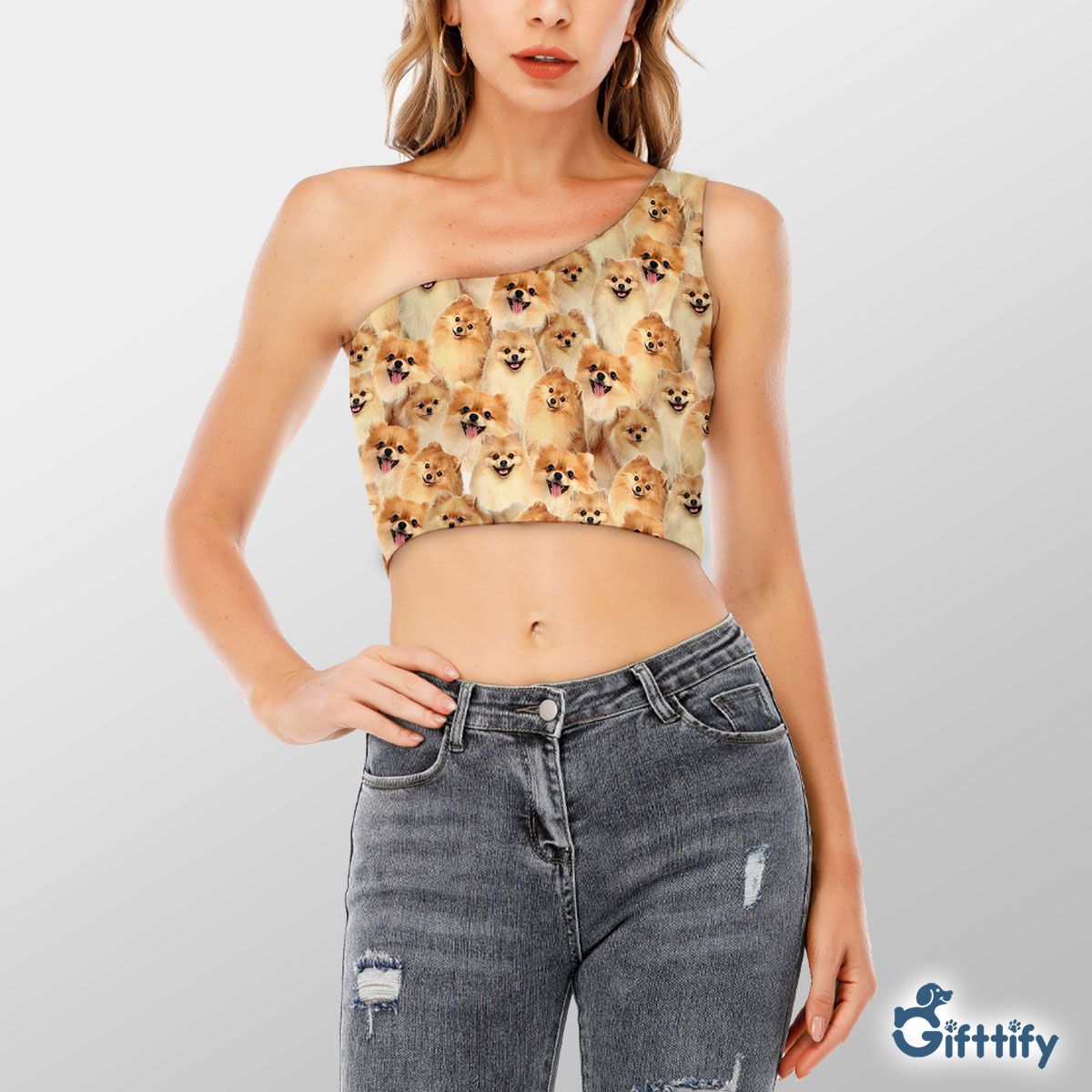 Pomeranian A Punch Of Lovely Dogs Shoulder Cropped Top