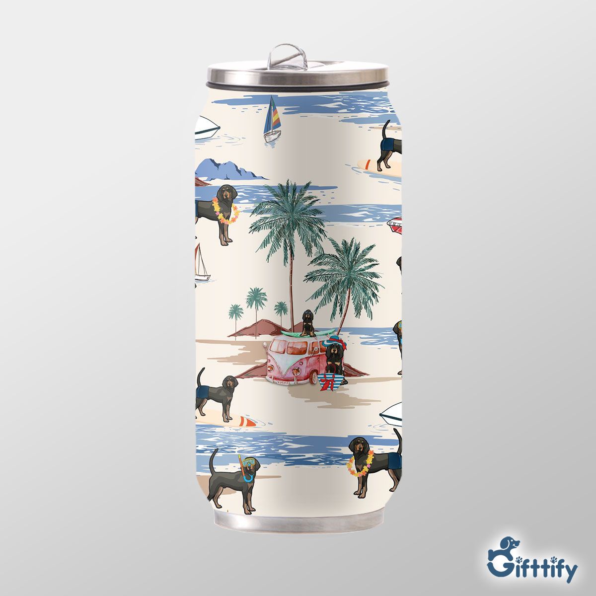 Black and Tan Coonhound Can Thermos Cup - Dog Beach, Boating, Relaxing, Sunbathing, Snorkeling, Summer Beach Vacation Can Thermos Cup