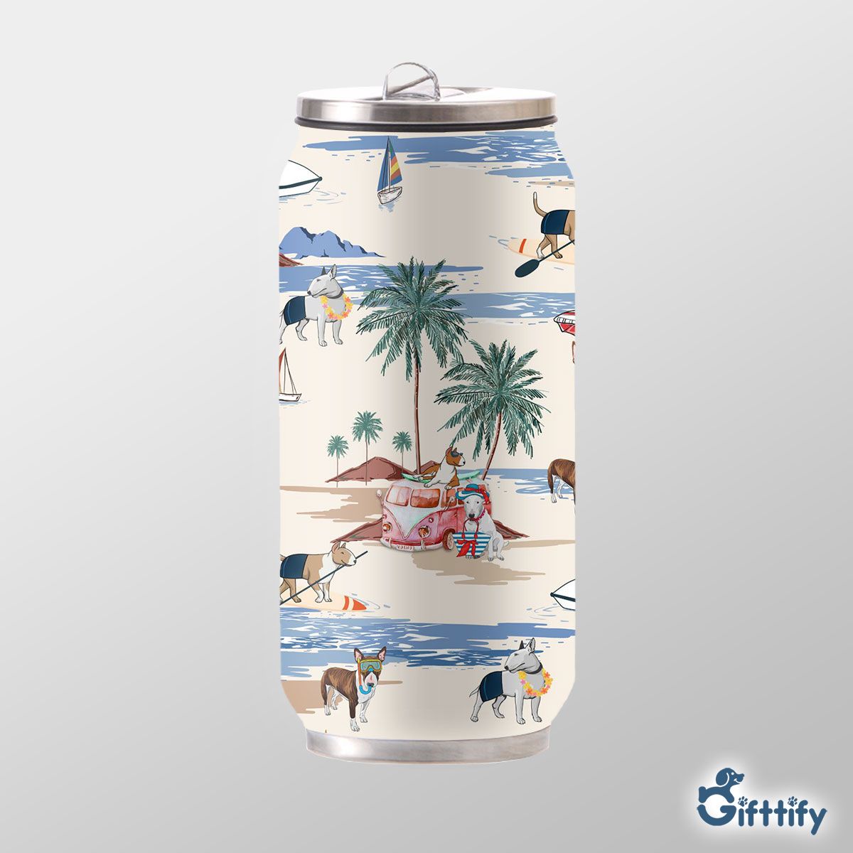 Bull Terrier Can Thermos Cup - Dog Beach, Boating, Relaxing, Sunbathing, Snorkeling, Summer Beach Vacation Can Thermos Cup