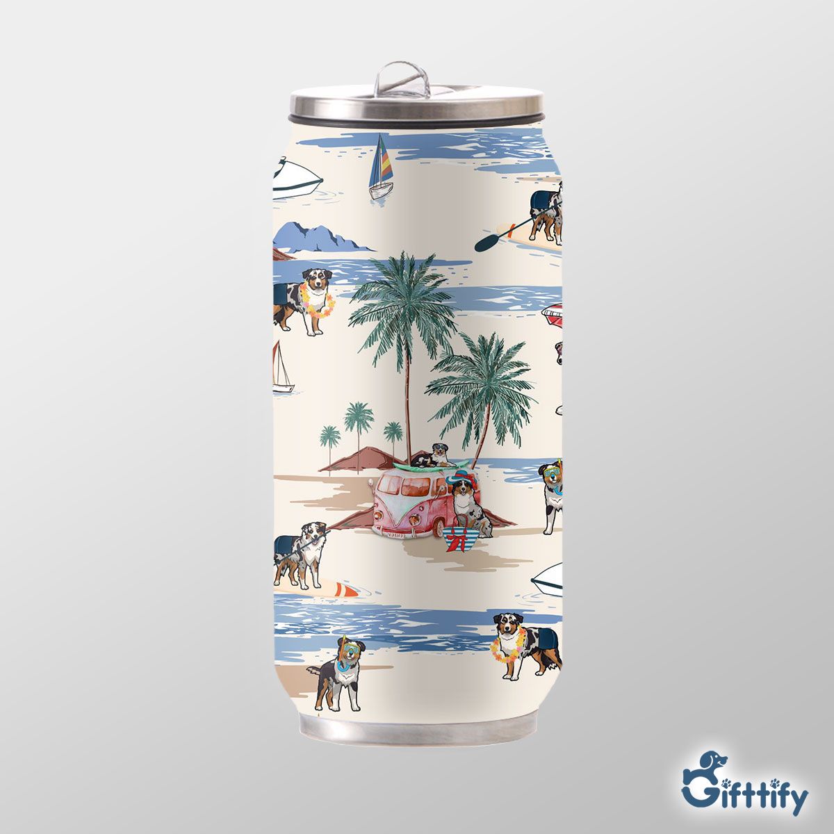 English Shepherd Can Thermos Cup - Dog Beach, Boating, Relaxing, Sunbathing, Snorkeling, Summer Beach Vacation Can Thermos Cup