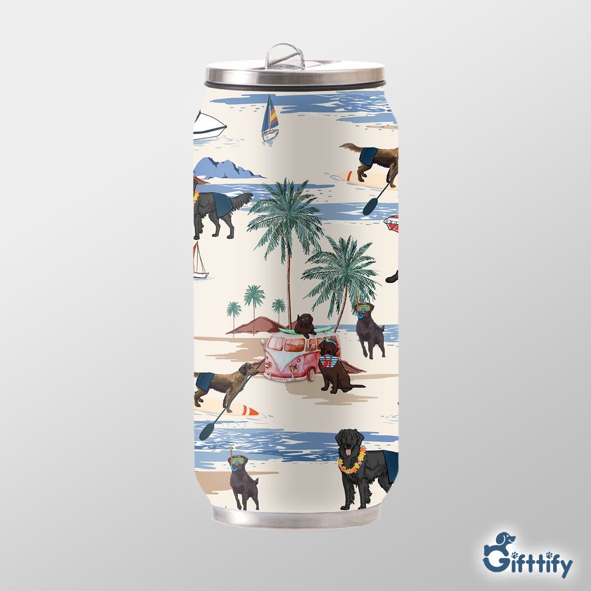 Flat Coated Retriever Can Thermos Cup - Dog Beach, Boating, Relaxing, Sunbathing, Snorkeling, Summer Beach Vacation Can Thermos Cup