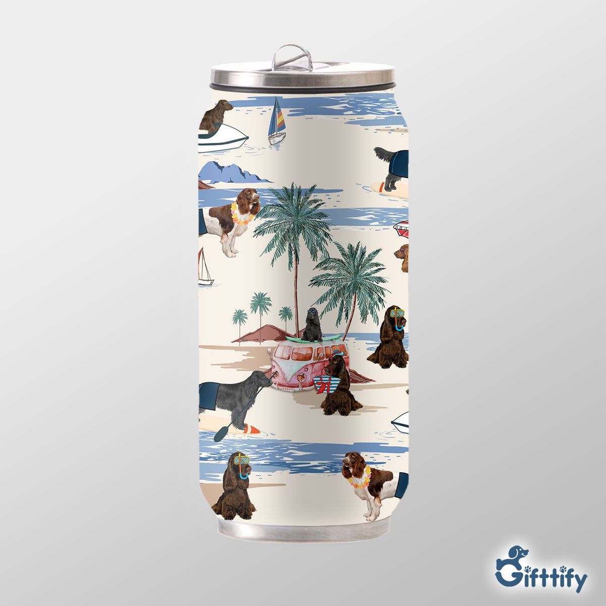 French Spaniel Can Thermos Cup - Dog Beach, Boating, Relaxing, Sunbathing, Snorkeling, Summer Beach Vacation Can Thermos Cup