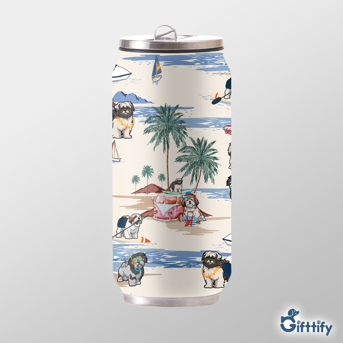 LHASA APSO Can Thermos Cup - Dog Beach, Boating, Relaxing, Sunbathing, Snorkeling, Summer Beach Vacation Can Thermos Cup