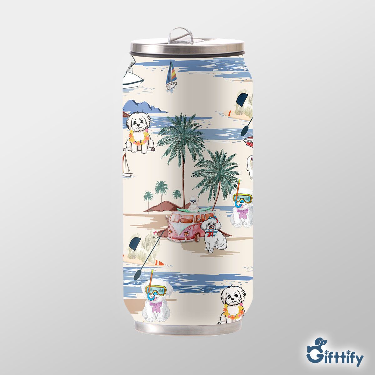 Maltese Can Thermos Cup - Dog Beach, Boating, Relaxing, Sunbathing, Snorkeling, Summer Beach Vacation Can Thermos Cup