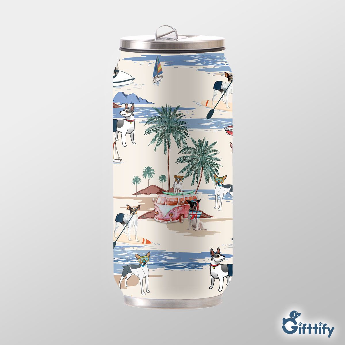 Rat Terrier Can Thermos Cup - Dog Beach, Boating, Relaxing, Sunbathing, Snorkeling, Summer Beach Vacation Can Thermos Cup